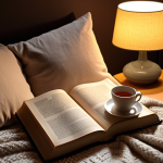 **

Prompt: Cozy bedroom scene at night. A person is sitting in bed, reading a physical book by the warm light of a bedside lamp. A cup of tea sits on the nightstand. Soft blankets and pillows create a relaxing atmosphere. Focus on the warmth and tranquility of the scene. Gentle light and shadow play.

**