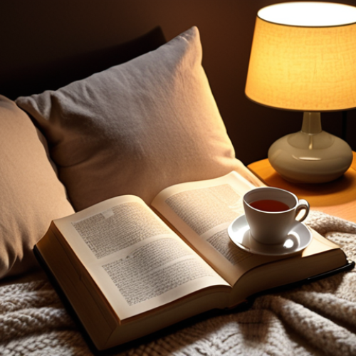 Home 11 **
Prompt: Cozy bedroom scene at night. A person is sitting in bed, reading a physical book by the warm light of a bedside lamp. A cup of tea sits on the nightstand. Soft blankets and pillows create a relaxing atmosphere. Focus on the warmth and tranquility of the scene. Gentle light and shadow play.
**
