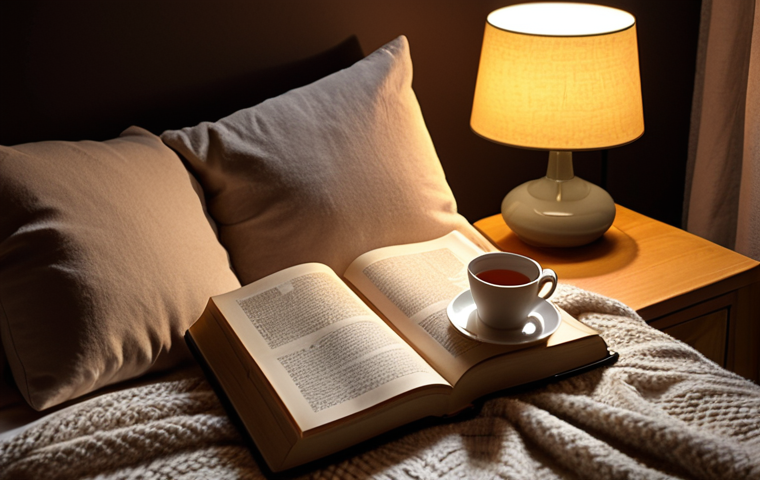 **
Prompt: Cozy bedroom scene at night. A person is sitting in bed, reading a physical book by the warm light of a bedside lamp. A cup of tea sits on the nightstand. Soft blankets and pillows create a relaxing atmosphere. Focus on the warmth and tranquility of the scene. Gentle light and shadow play.
**