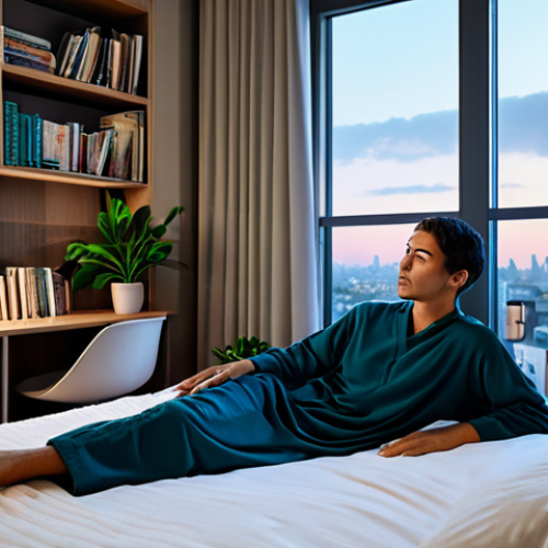 Home 6 A calm person, fully clothed in modest loungewear, resting comfortably in a tranquil, modern bedroom. The room features soft ambient lighting, heavy sound-absorbing curtains on a window overlooking a peaceful urban cityscape at dusk, a well-stocked bookshelf filled with books, and lush potted plants. The atmosphere is one of profound quiet and serenity, embodying a true oasis of peace. Perfect anatomy, correct proportions, natural pose, well-formed hands, proper finger count, natural body proportions. Professional photography, high quality, ultra detailed, cinematic lighting, safe for work, appropriate content, fully clothed, family-friendly.