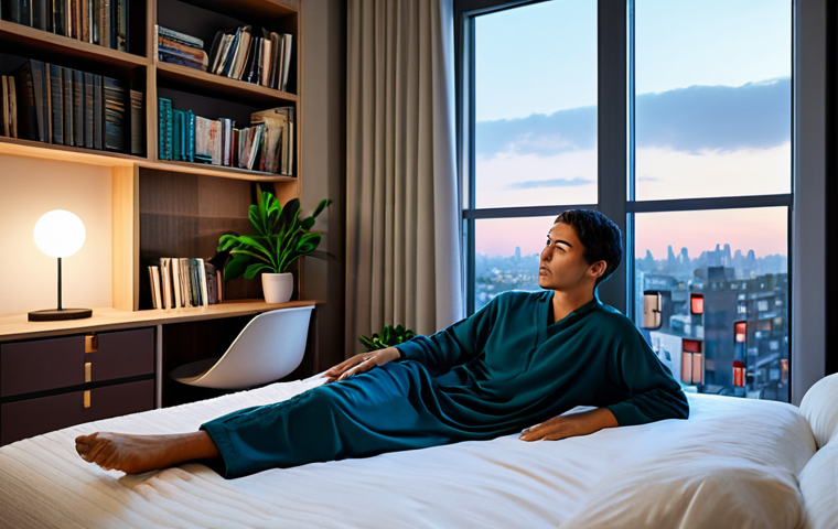 A calm person, fully clothed in modest loungewear, resting comfortably in a tranquil, modern bedroom. The room features soft ambient lighting, heavy sound-absorbing curtains on a window overlooking a peaceful urban cityscape at dusk, a well-stocked bookshelf filled with books, and lush potted plants. The atmosphere is one of profound quiet and serenity, embodying a true oasis of peace. Perfect anatomy, correct proportions, natural pose, well-formed hands, proper finger count, natural body proportions. Professional photography, high quality, ultra detailed, cinematic lighting, safe for work, appropriate content, fully clothed, family-friendly.